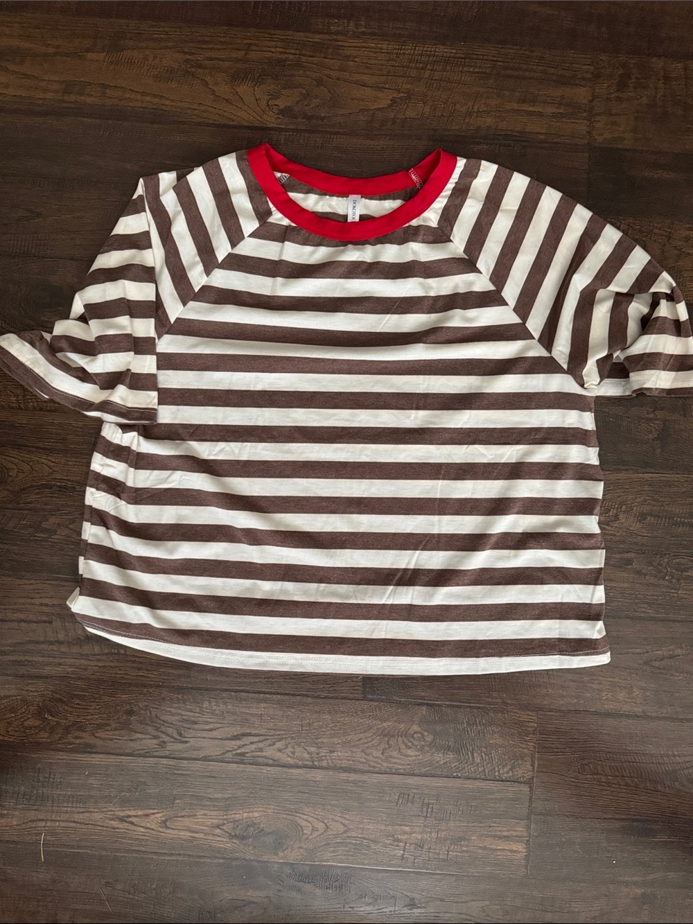 Brown & White Striped Short Sleeve Top with Red Neckline, never worn